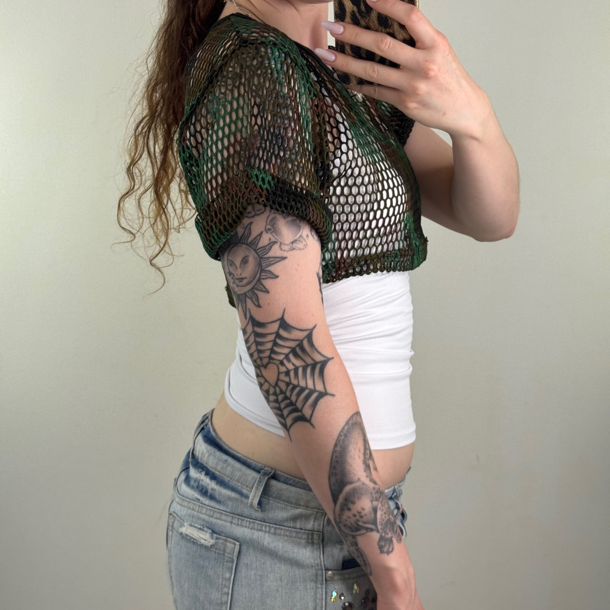 Y2K vintage super crop top camo print sheer short sleeve net sheer knit netted