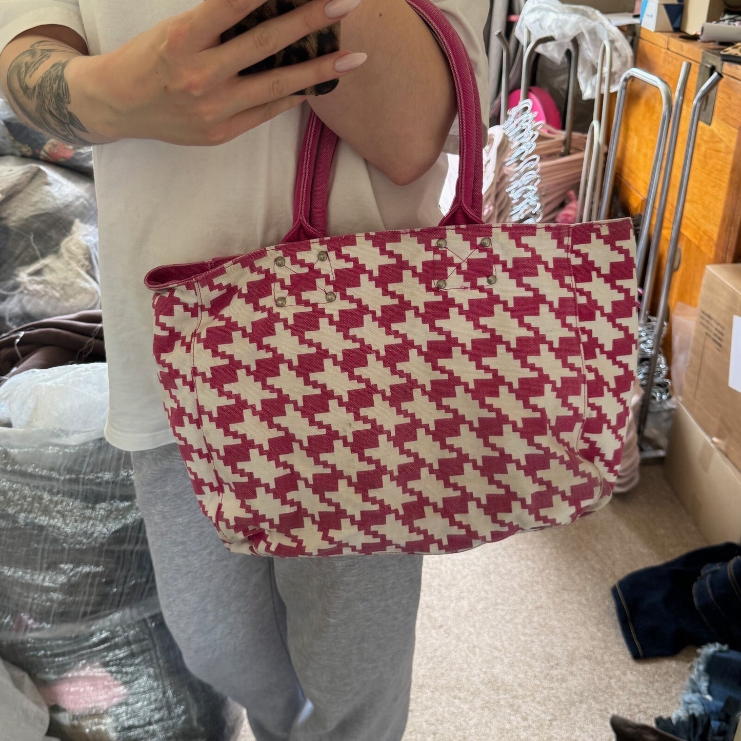 Y2K vintage Gap large tote canvas reversible houndstooth pouch pink white