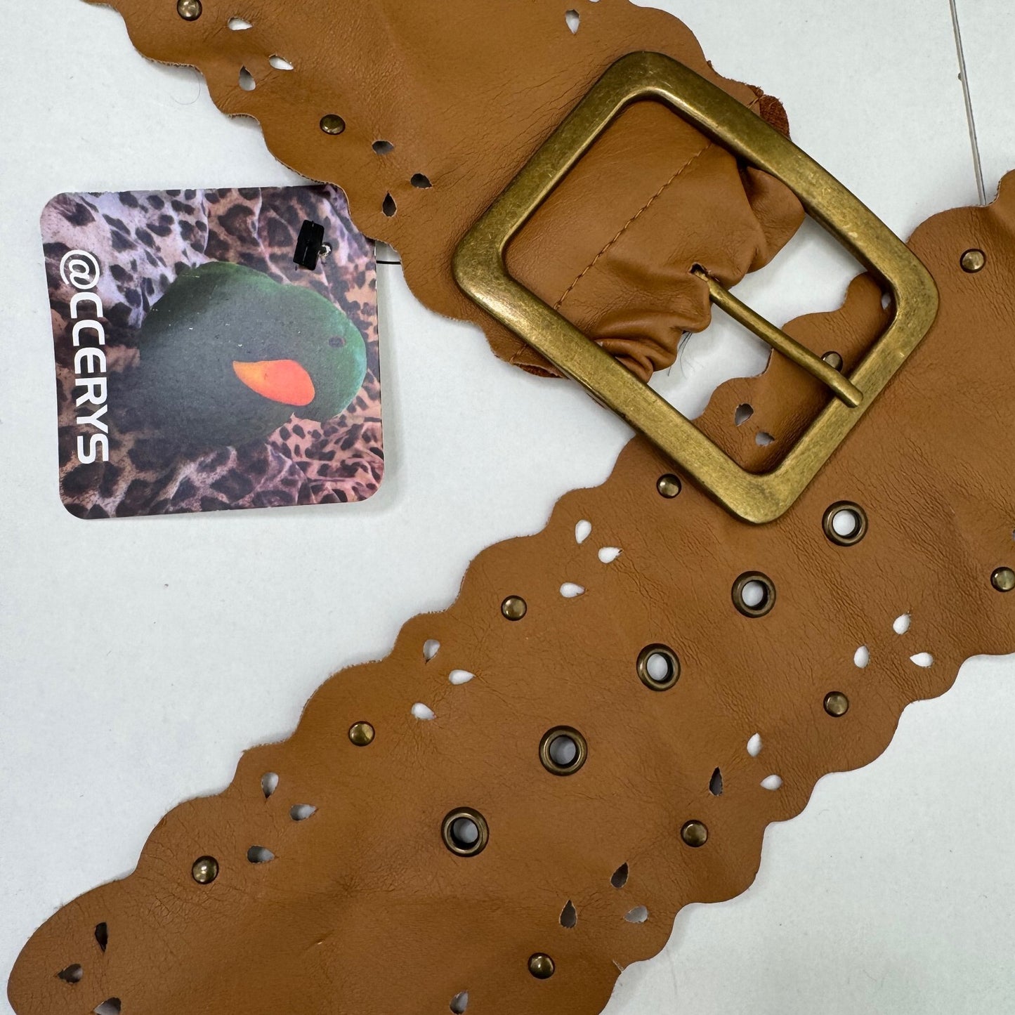 Y2K vintage belt faux leather chunky oversize boho studded light brown