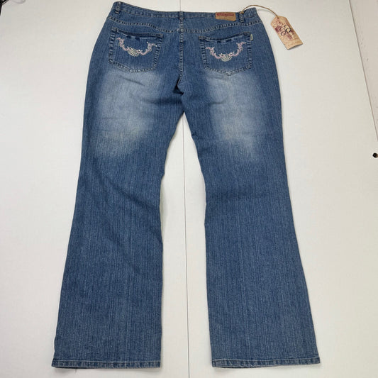 Y2K vintage bootcut denim jeans stretchy rhinestone embroidered faded mid blue