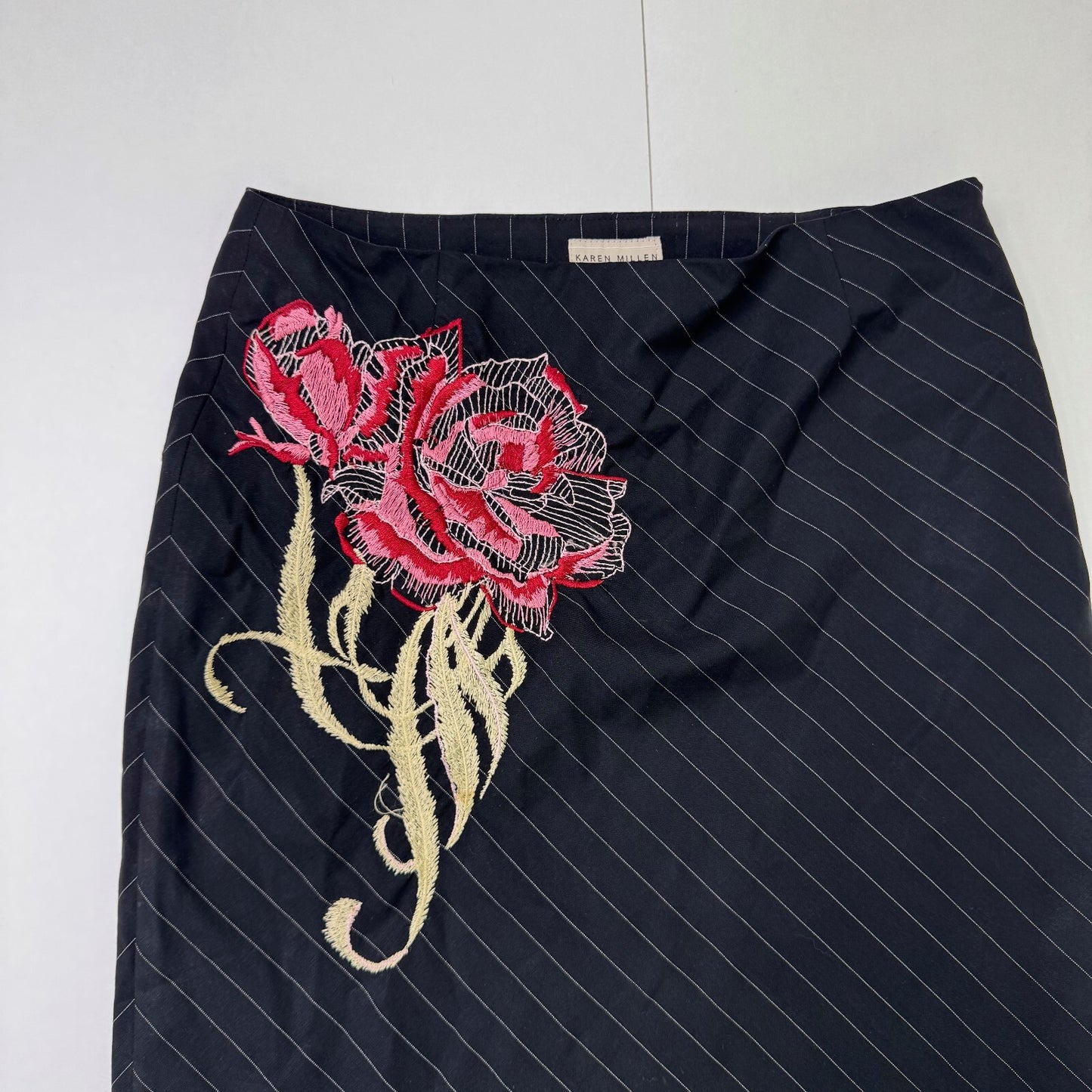 Y2K vintage Karen Millen midi skirt pinstripe floral embroidered virgin wool