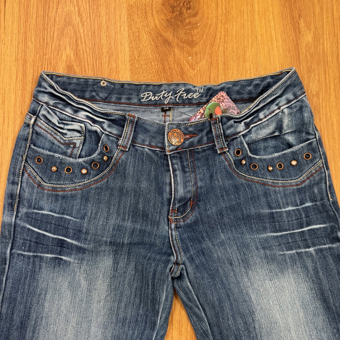 Y2K vintage bootcut denim jeans low rise rhinestones embroidered pockets faded