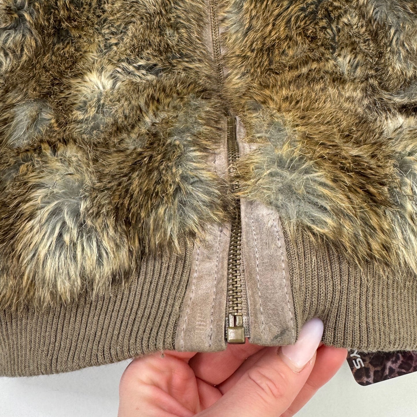 Y2K vintage faux fur gilet short bodywarmer zip up high neck suede trim brown