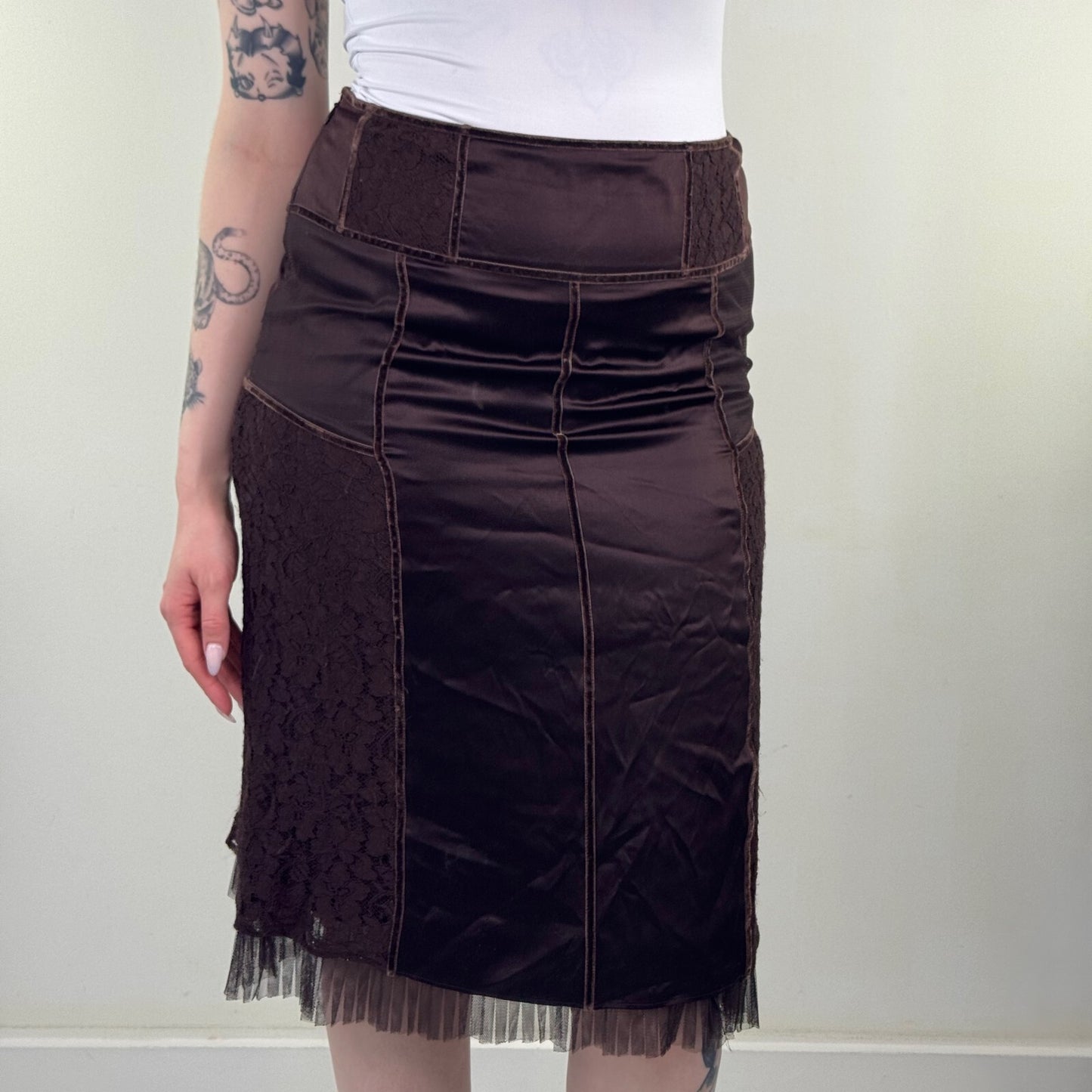 Y2K vintage Karen Millen midi skirt satin lace fairy boho mesh trim brown