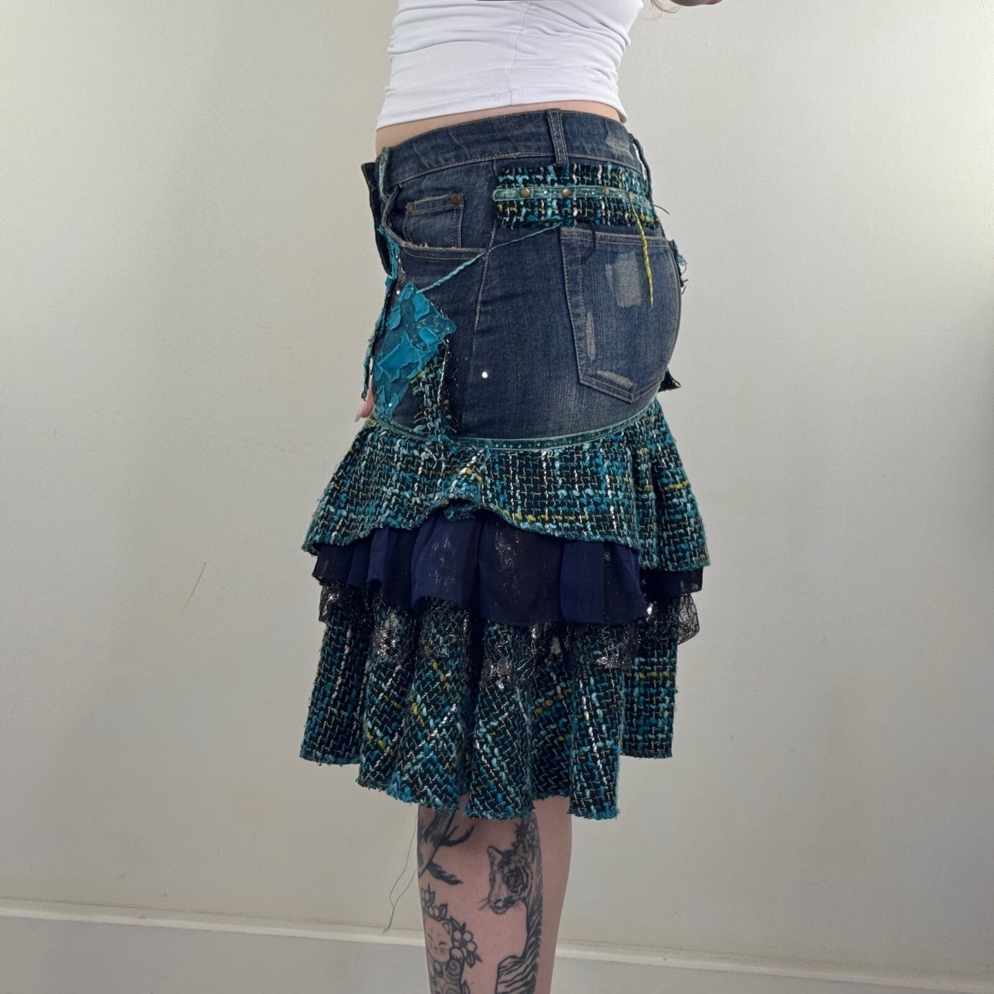 Y2K vintage midi skirt denim tartan patchwork tiered floral layered boho faded