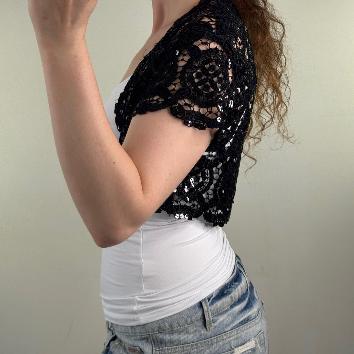 Y2K vintage Bay crochet cardigan crop sequin short sleeve bolero sheer knit