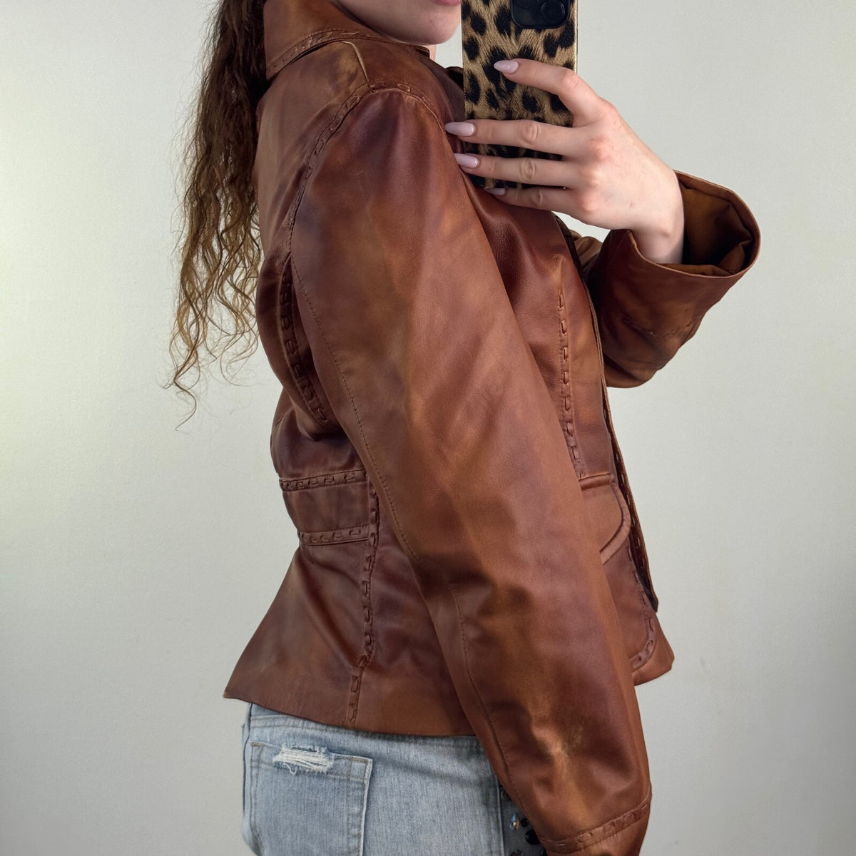 Y2K vintage genuine leather jacket button faded whipstitch burnished tan blazer