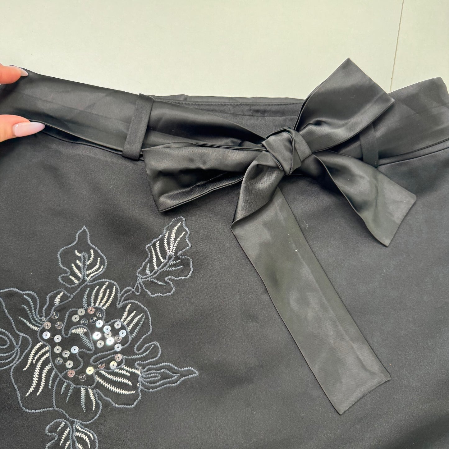 Y2K vintage midi skirt pleated satin bow layered pattern bow floral embroidered