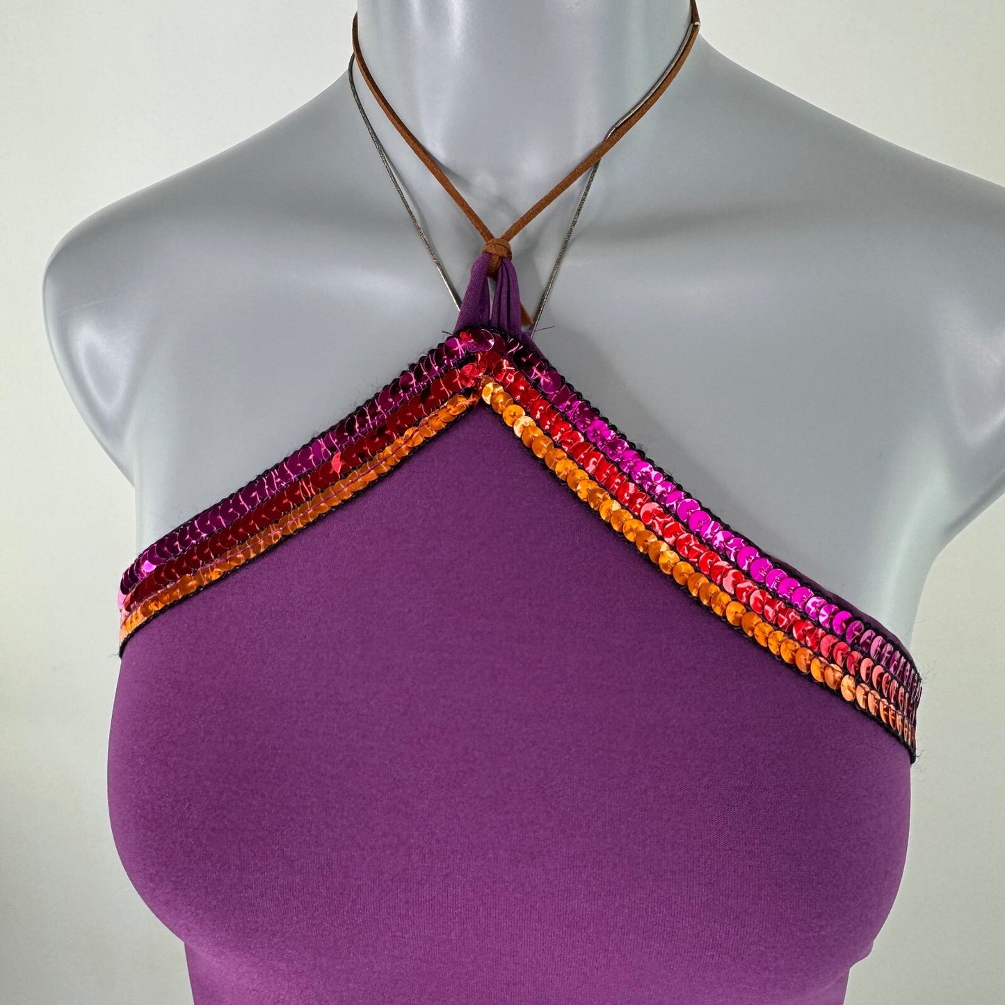 Y2K vintage Bay halter neck top sequin fitted slinky purple clubbing festival