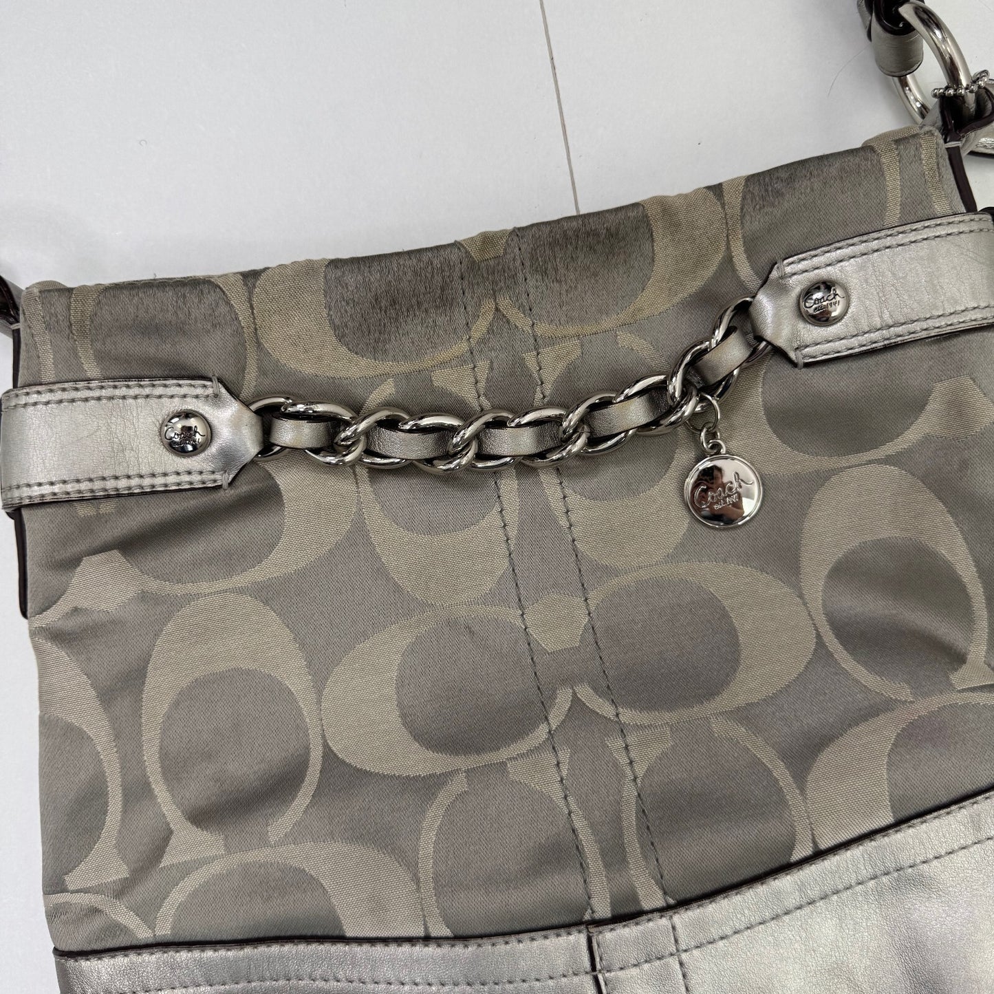 Vintage Coach Monogram Canvas Leather Metallic Crossbody Bag Chain Strap Zip