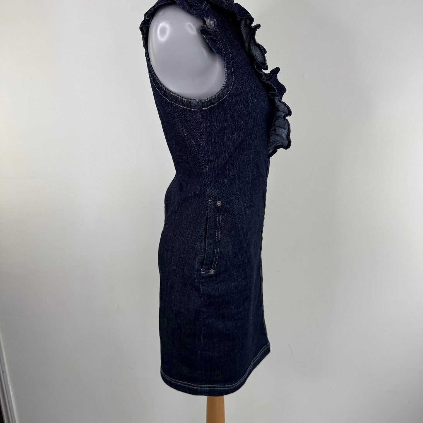 Y2K vintage Ted Baker denim mini dress ruffle bust button up sleeveless fitted