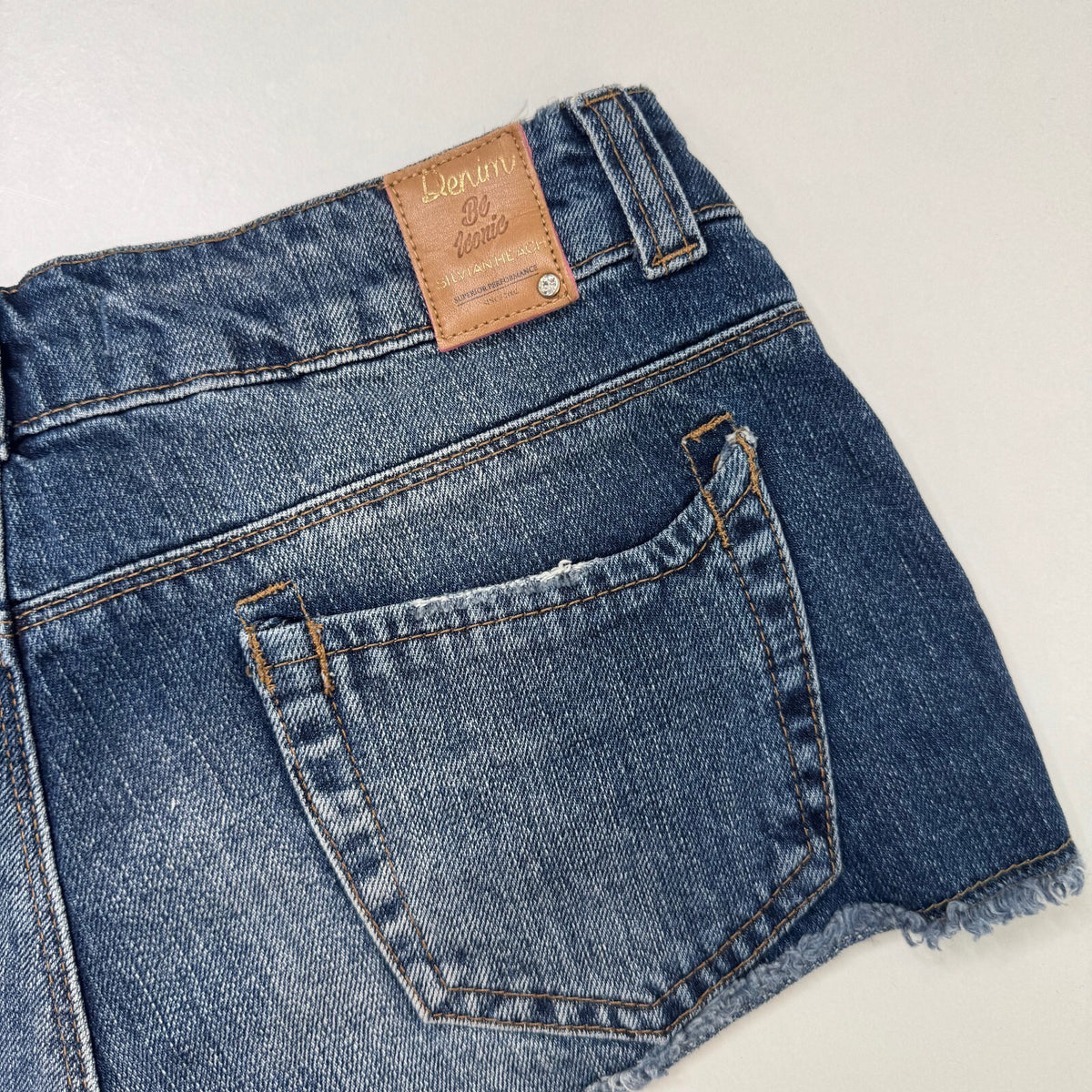 Vintage Y2K low rise denim mini shorts studded rhinestone dark faded wash