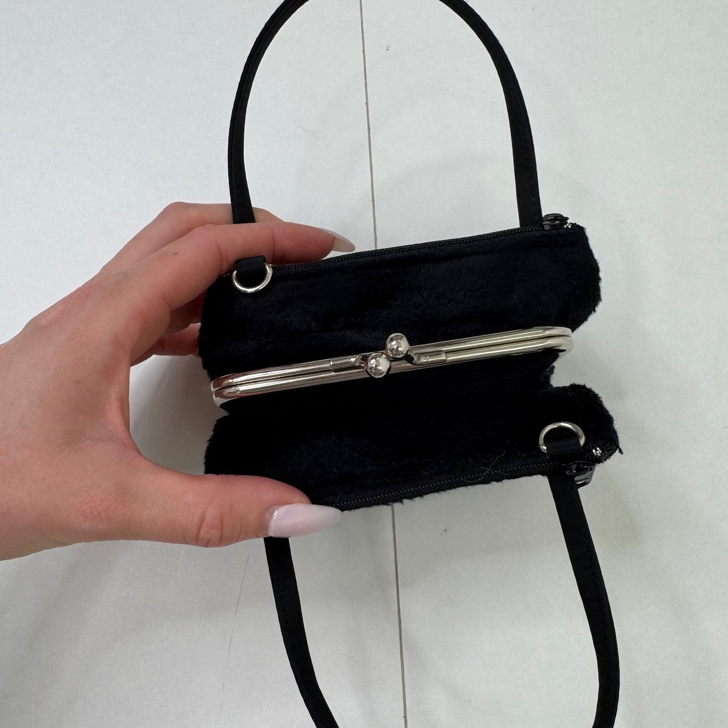 Y2K vintage micro mini handbag fuzzy fluffy clasp with crossbody bag black
