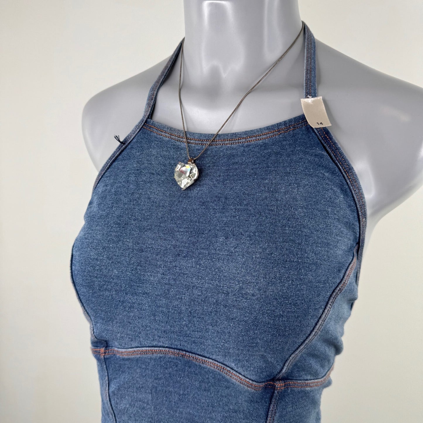 Y2K vintage denim style swimsuit halter neck bow low back blue one piece swim