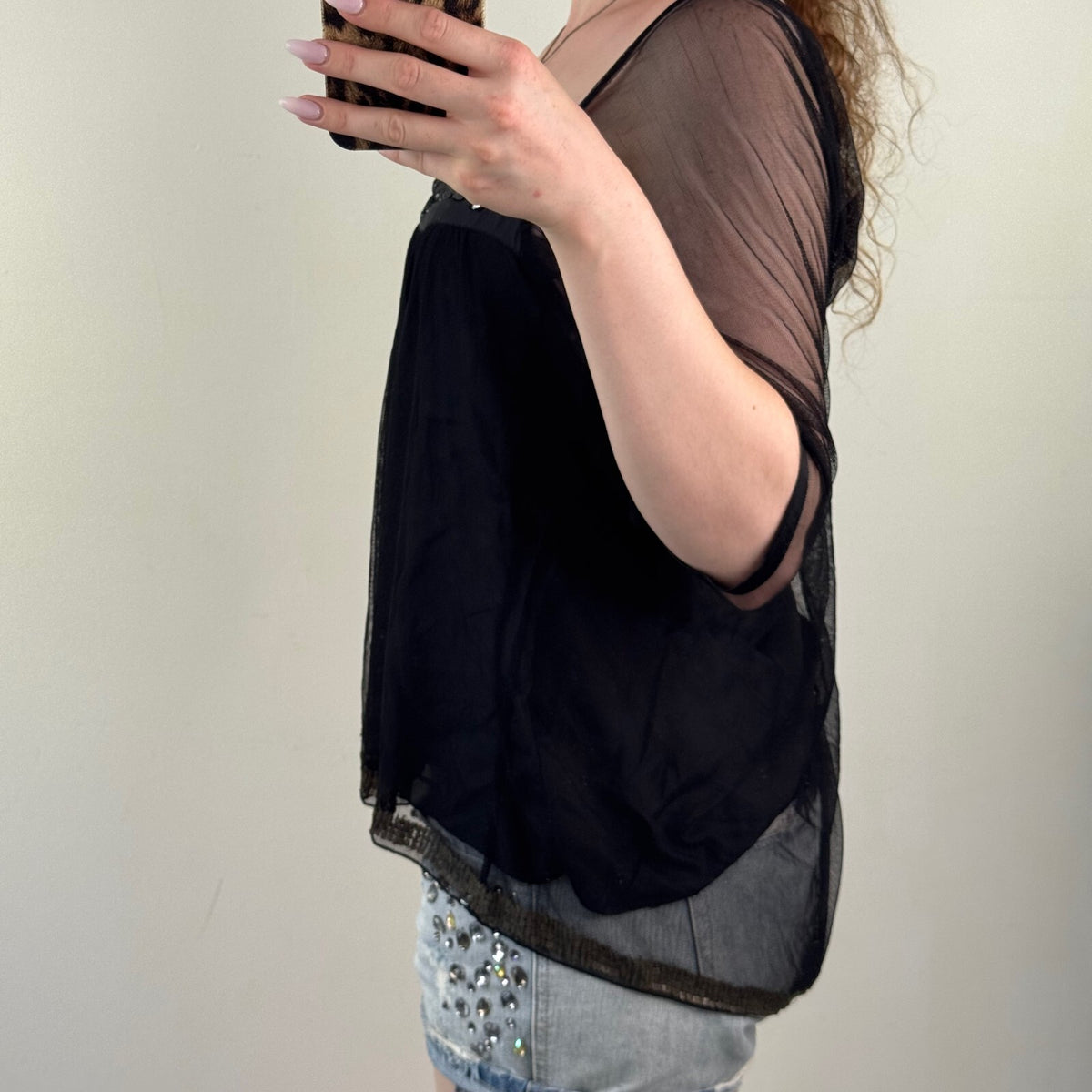 Y2K vintage silk blouse mesh 3/4 sleeve embellished boho layered square neck