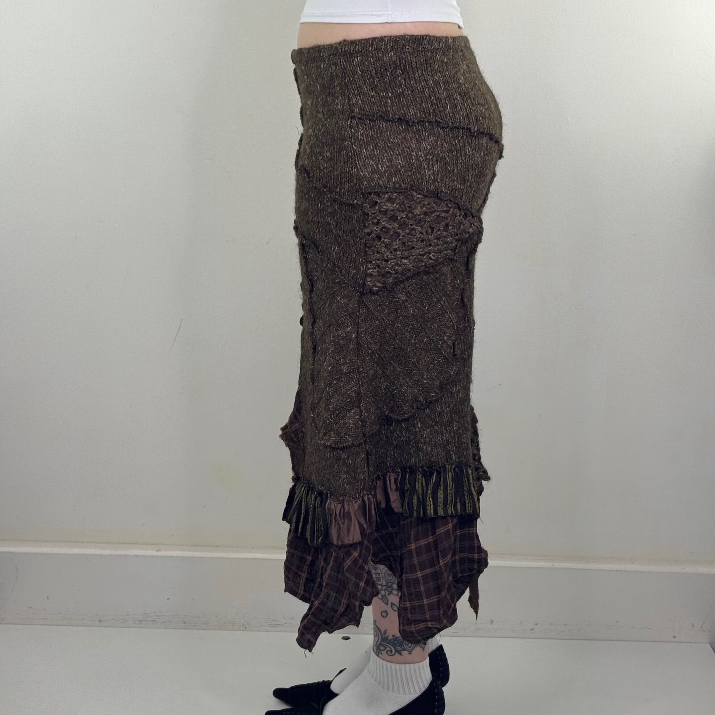 Y2K vintage Juju & Christine maxi skirt knit patchwork buckle boho asymmetrical