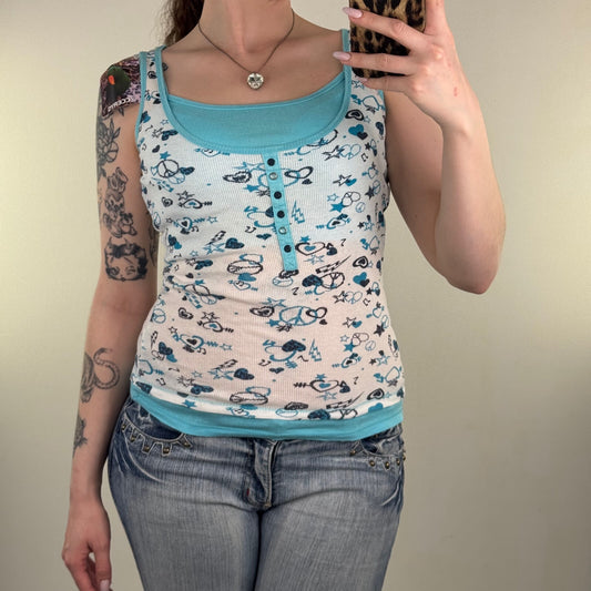 Y2K vintage tank top graphic print peace music hearts double layer