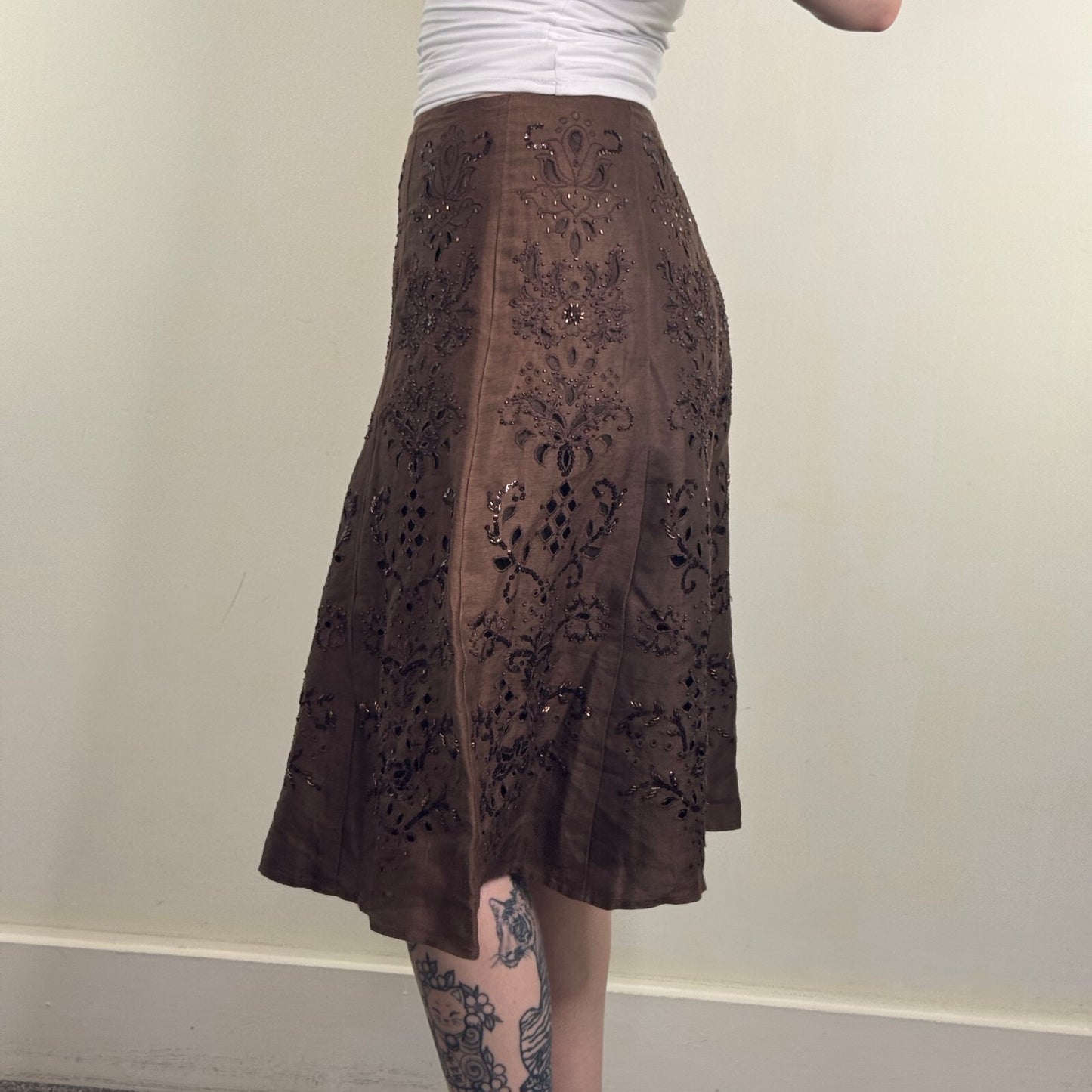 Y2K vintage midi skirt linen silk blend a line beaded floral embroidered sequin