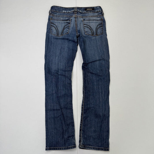 Y2K vintage low rise bootcut denim jeans mid blue faded wash studded distressed