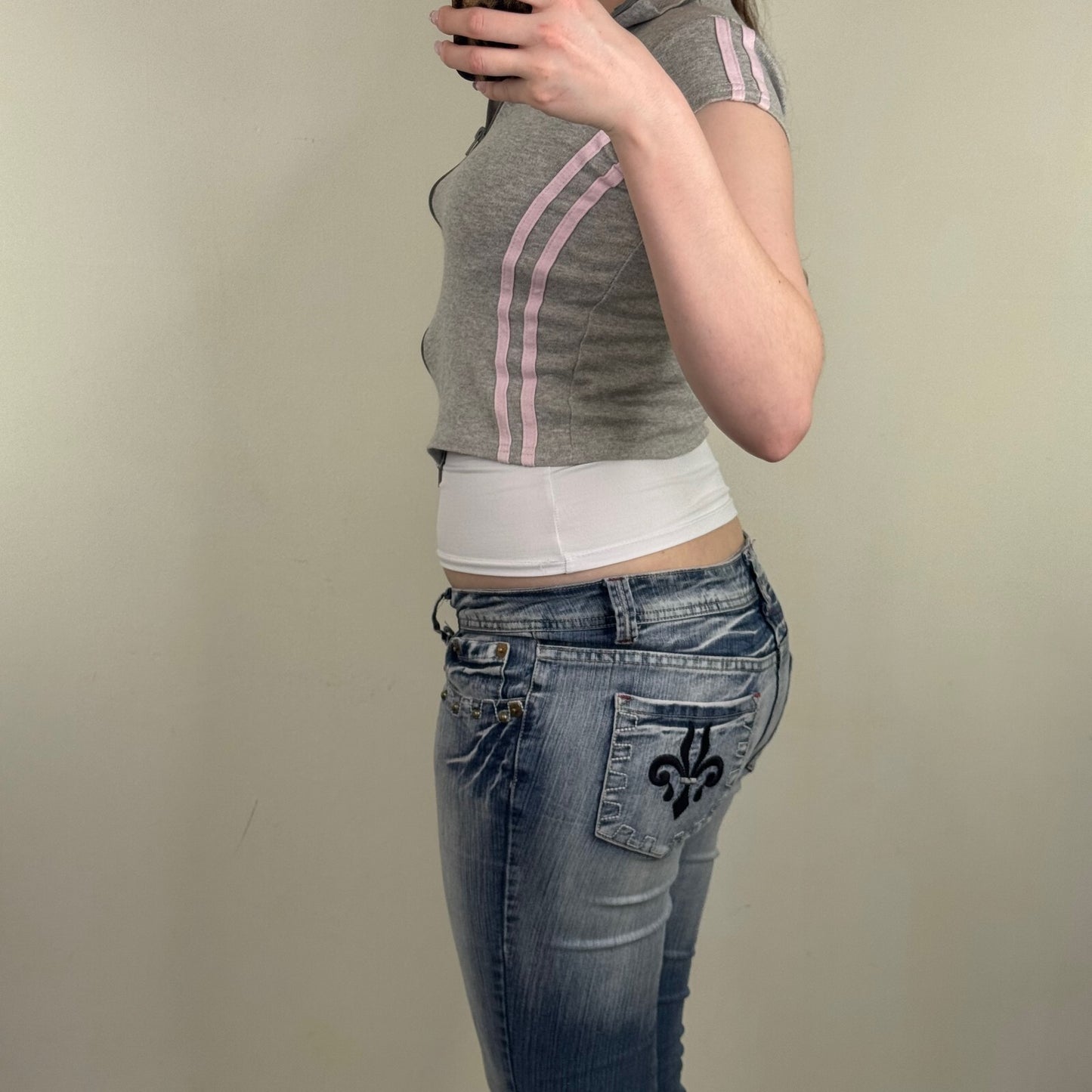 Y2K vintage bunny short sleeve top zip up high neck crop grey pink sporty