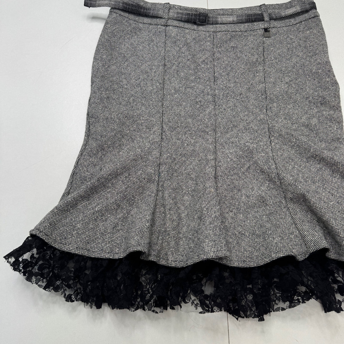 Y2K vintage midi skirt silk wool blend lace trim herringbone tweed a line