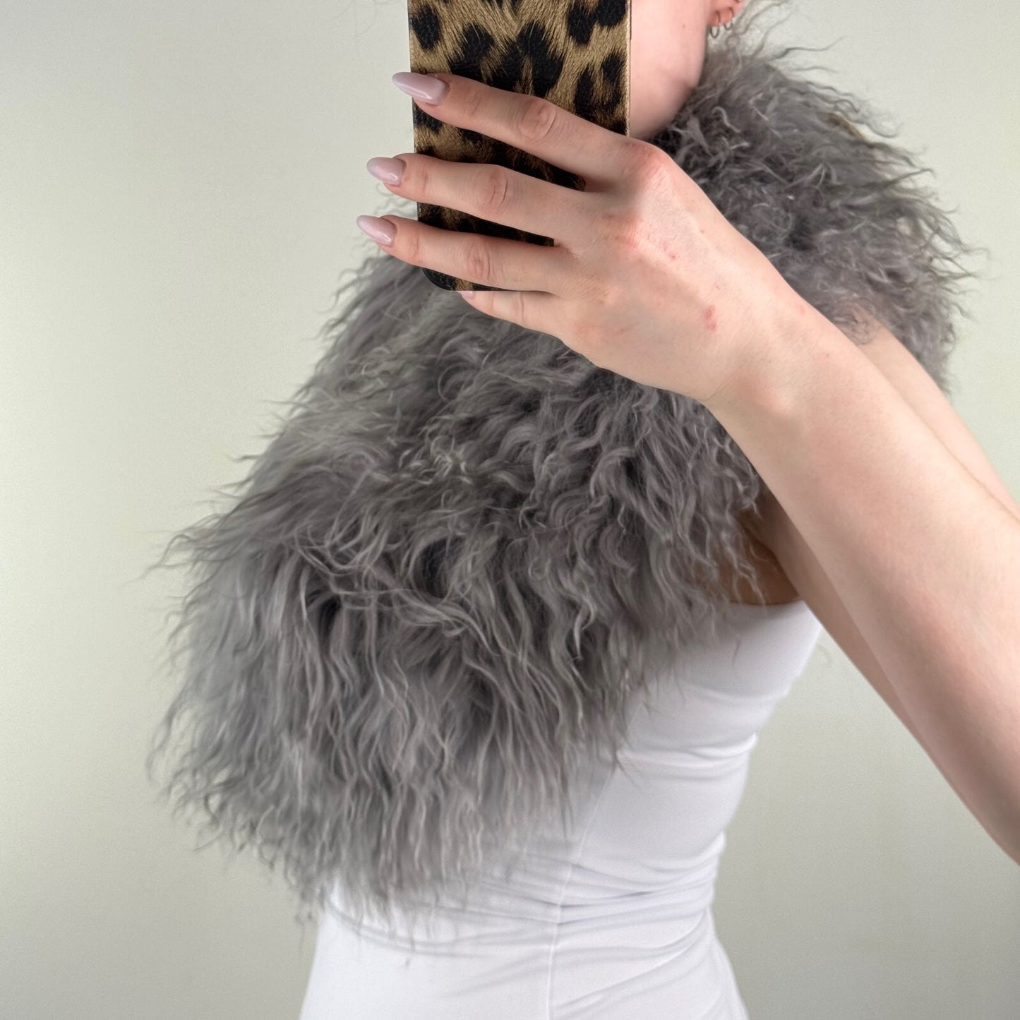Vintage mongolian fur scarf shawl grey wool