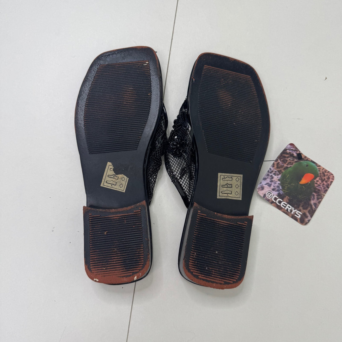 Y2K vintage sandals flip flops beaded mesh floral sequin square toe