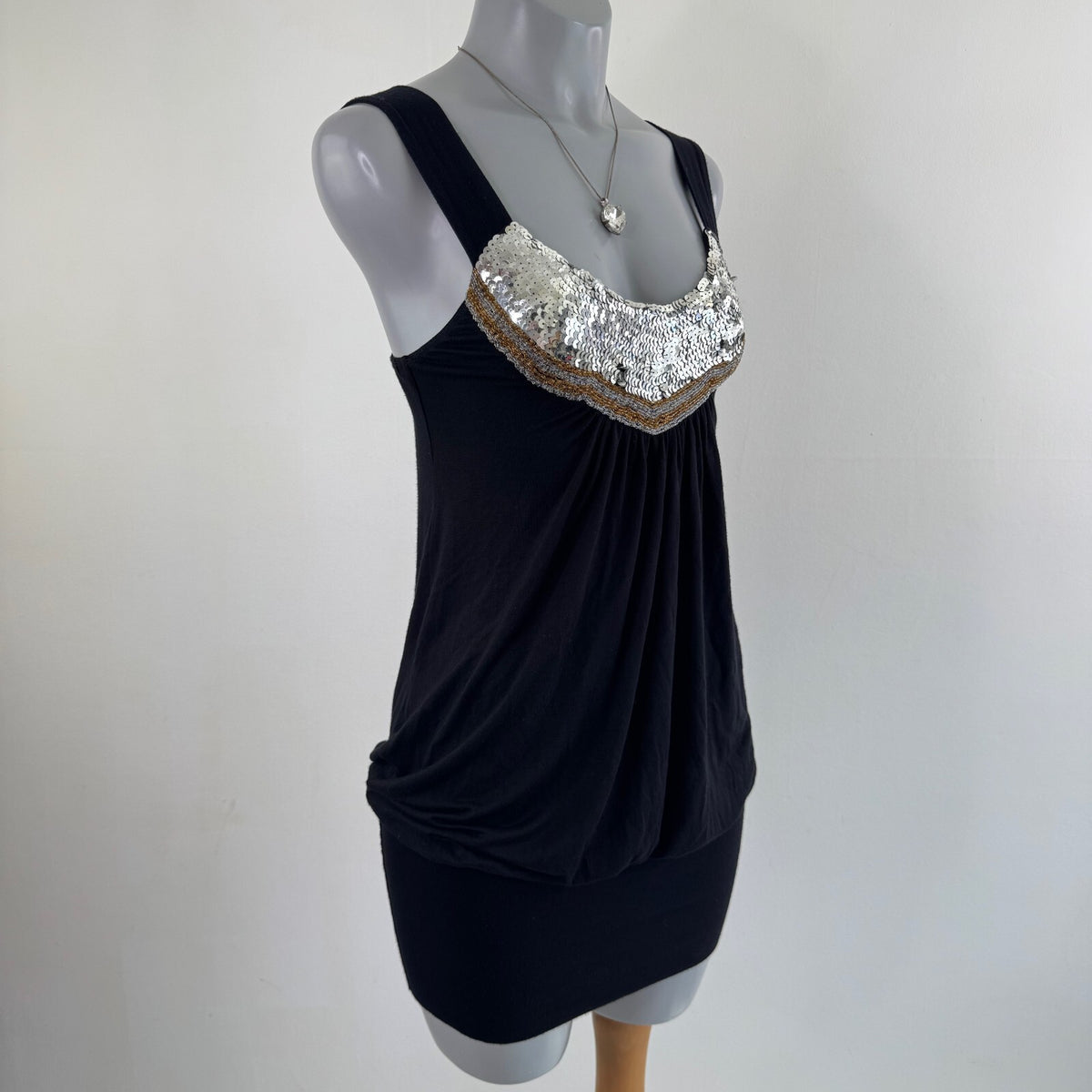 Y2K vintage mini dress peplum slouchy boho sequin beaded ruched clubbing black