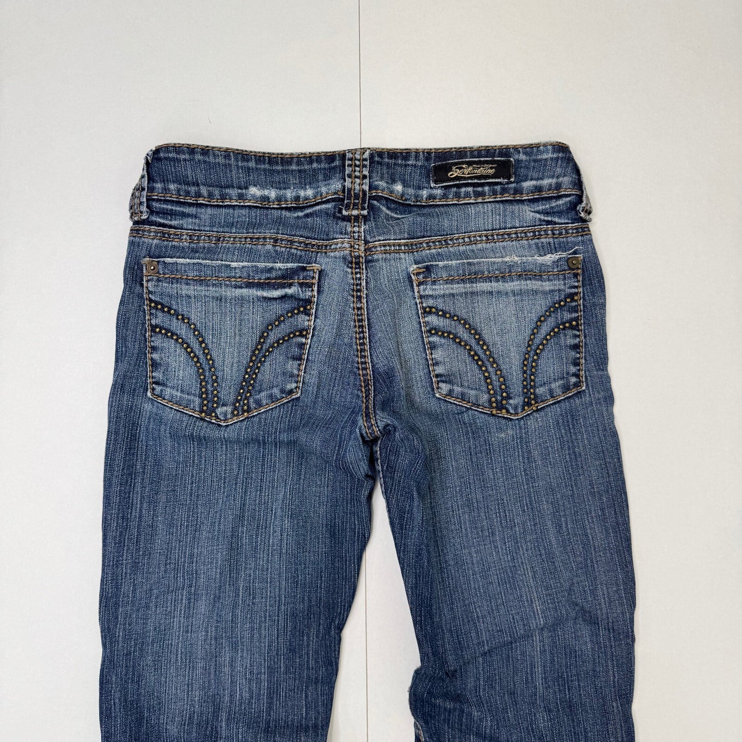 Y2K vintage low rise bootcut denim jeans mid blue faded wash studded distressed