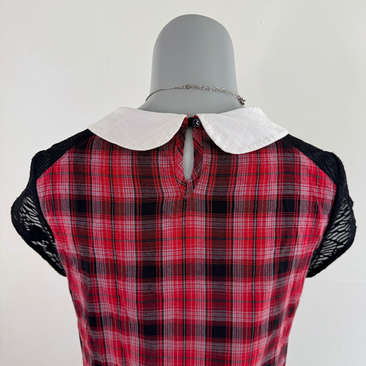 Y2K vintage tartan mini dress bow a line collar short sleeve sheer plaid print