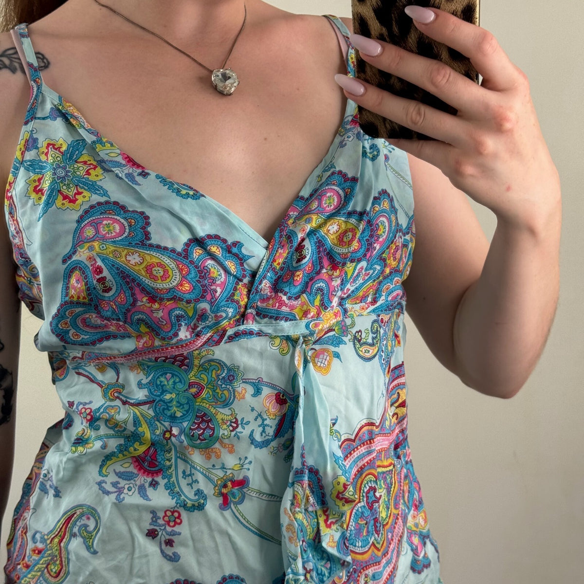 Y2K vintage paisley cami top ruffle multi light blue print v neck turquoise