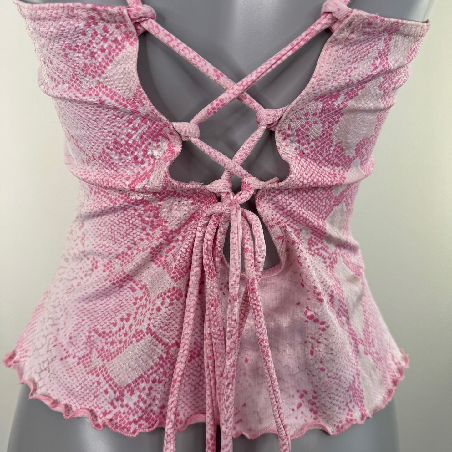 Y2K vintage snakeskin top cami lace up strappy fitted v neck pink
