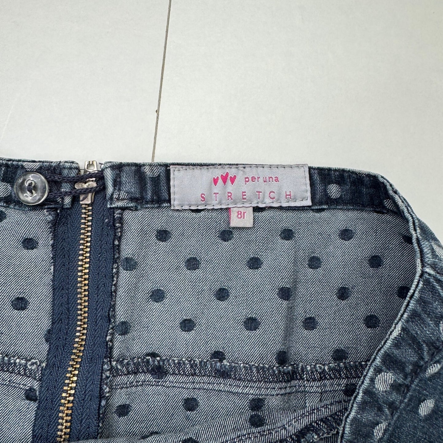 Y2K vintage Per Una midi skirt polka dot stretchy denim mid blue wash spots