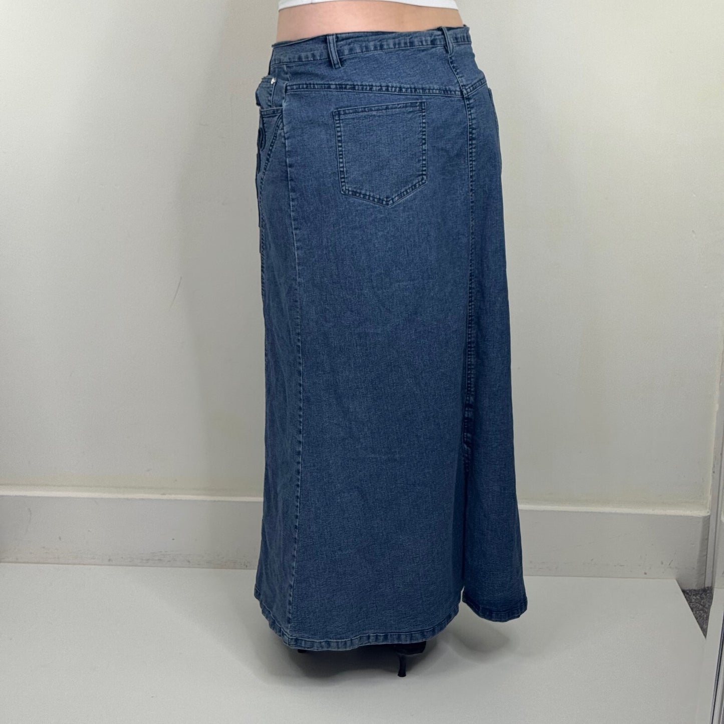 Y2K vintage maxi skirt denim rhinestones stretchy a line embroidered pattern
