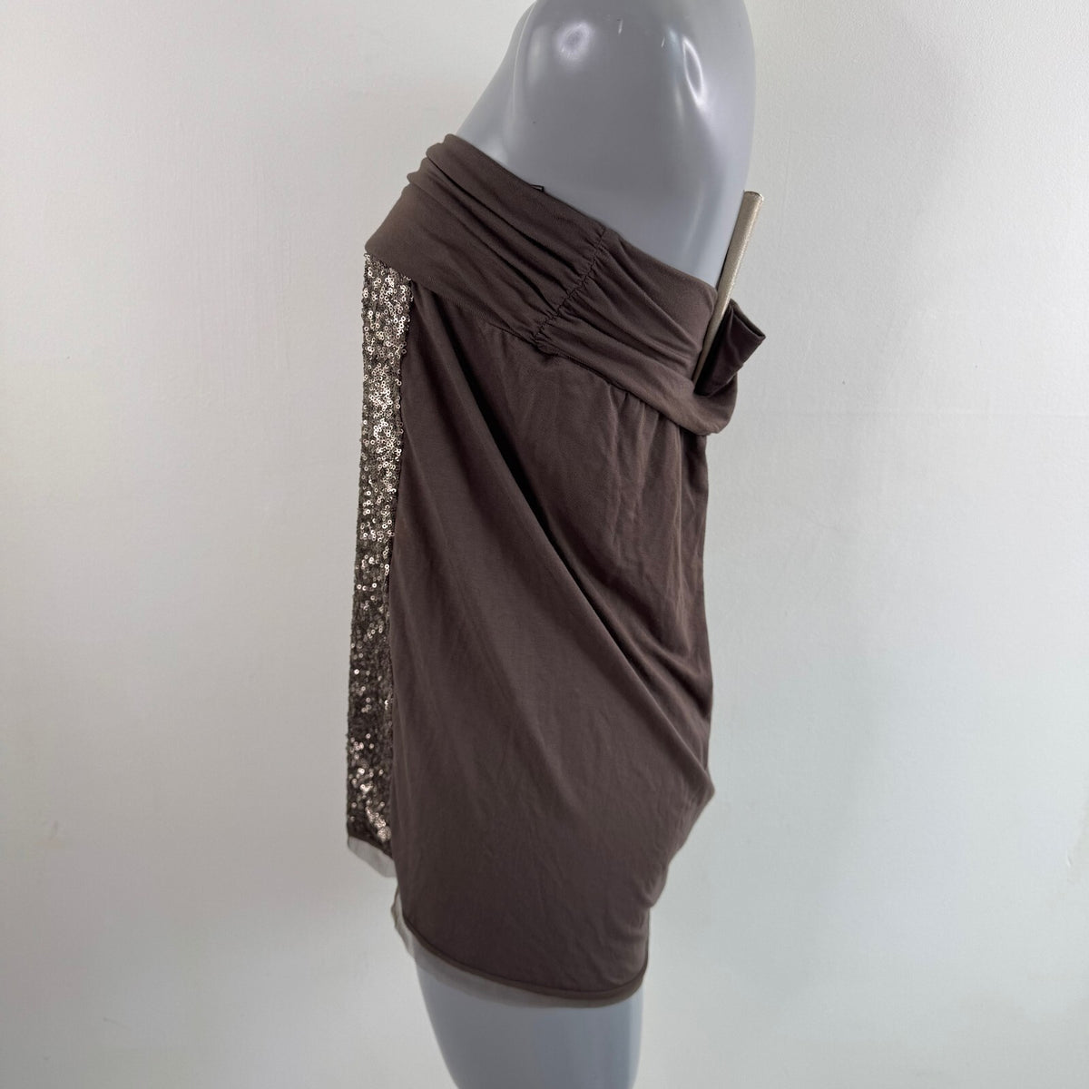 Y2K vintage strapless top sequin embellished ruched mesh trim party brown