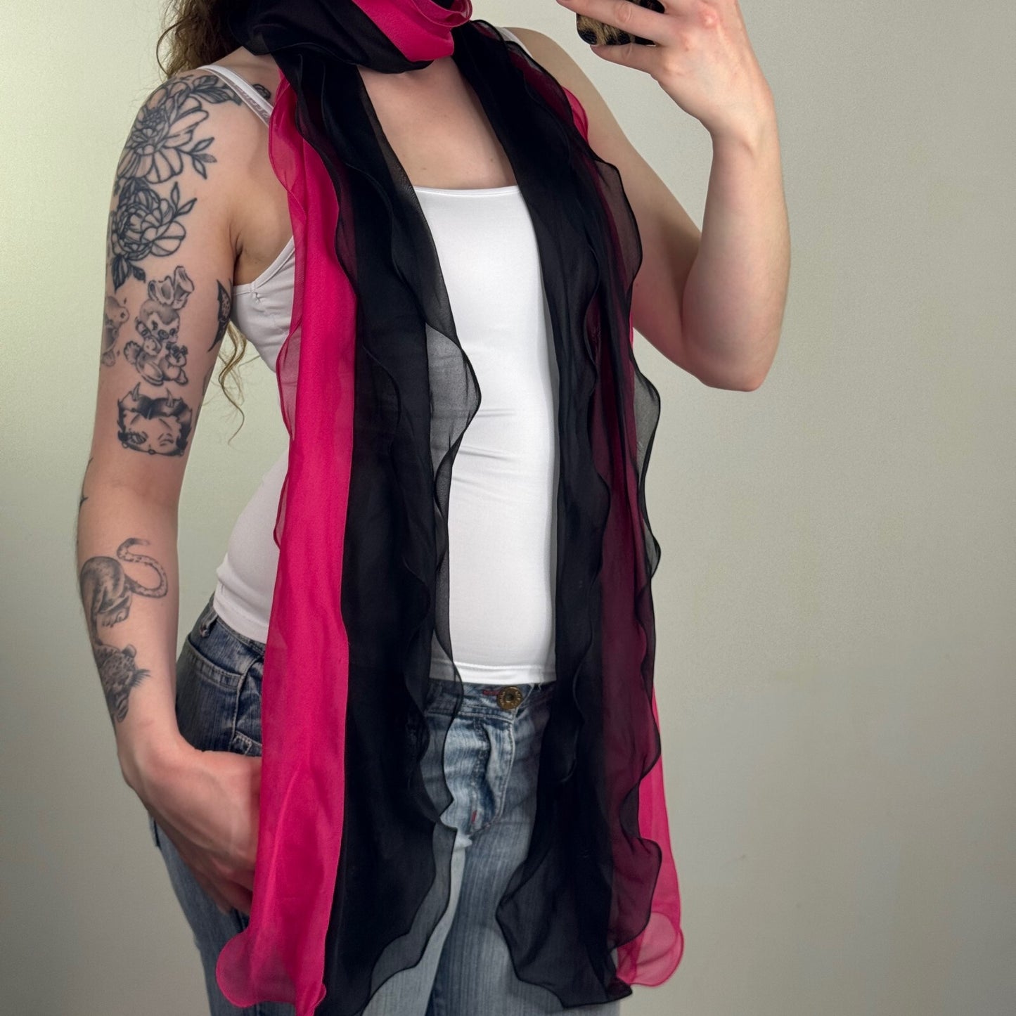 Y2K vintage Per Una scarf pink black two tone sheer lettuce hem long