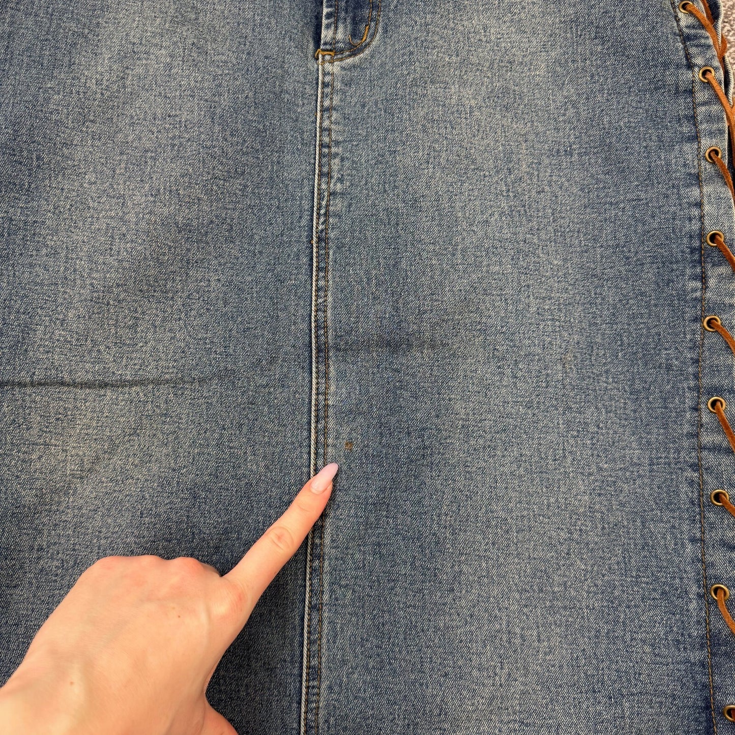 Y2K vintage denim maxi skirt lace up sides stretchy faded mid blue wash fitted