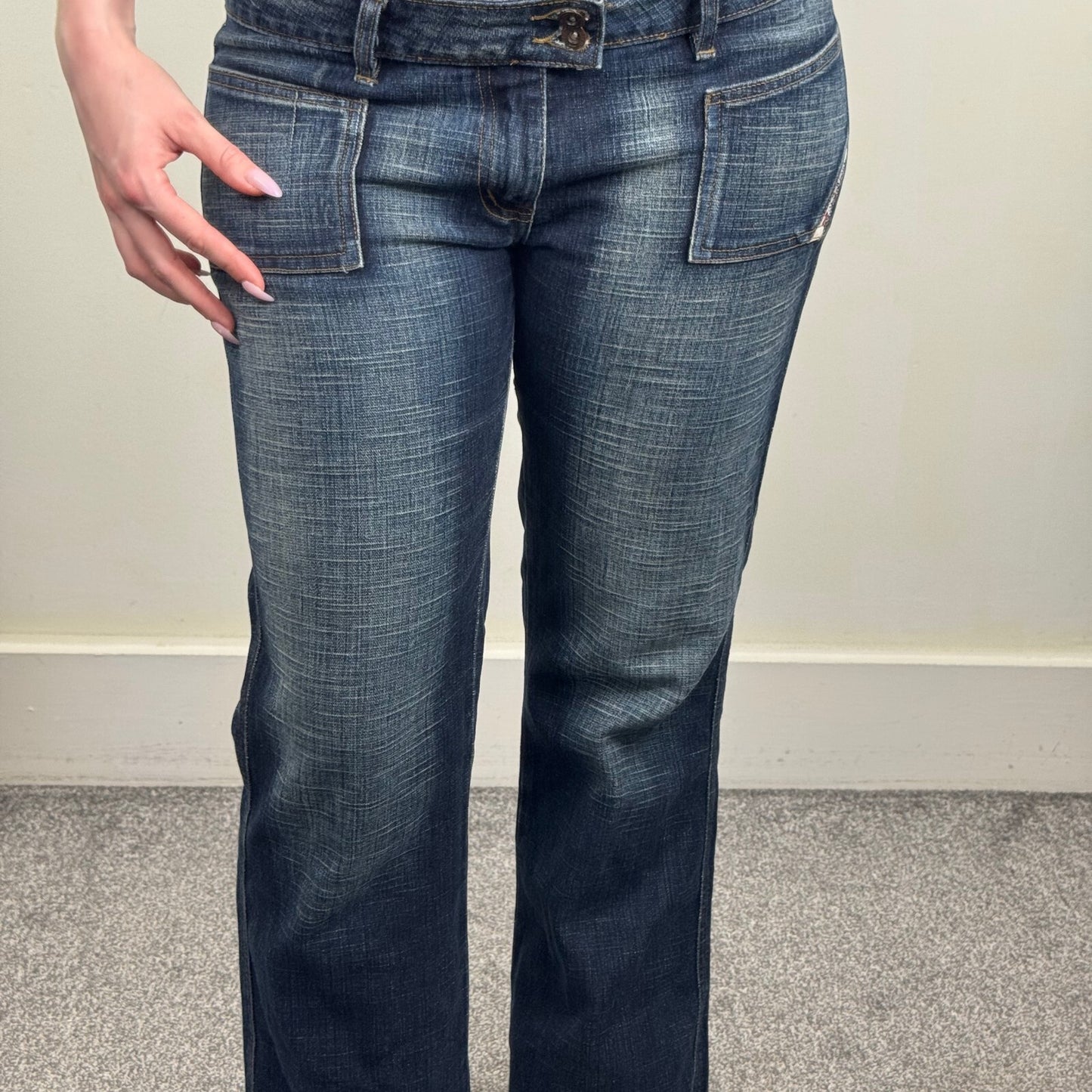 Y2K vintage bootcut denim jeans dark faded blue wash low rise