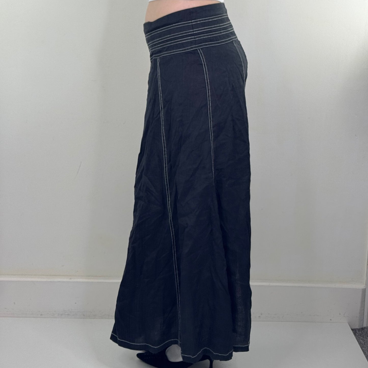 Y2K vintage 100% linen maxi skirt a line archive contrast stitch buckle
