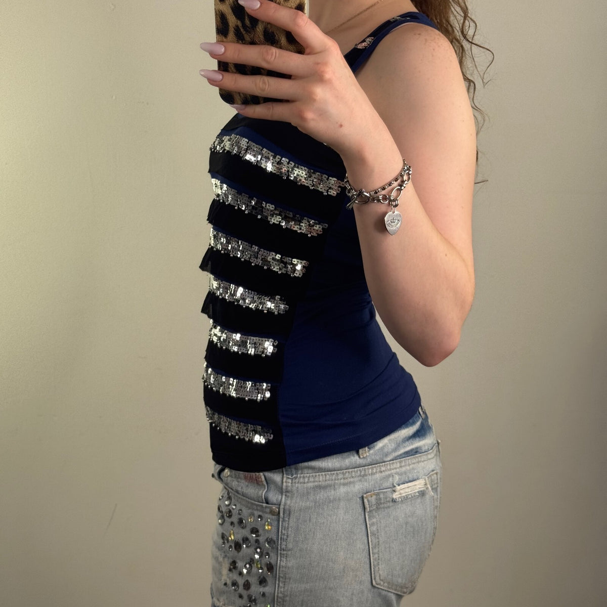 Y2K vintage Jane Norman tank top sequin mesh stripe racerback scoop neck