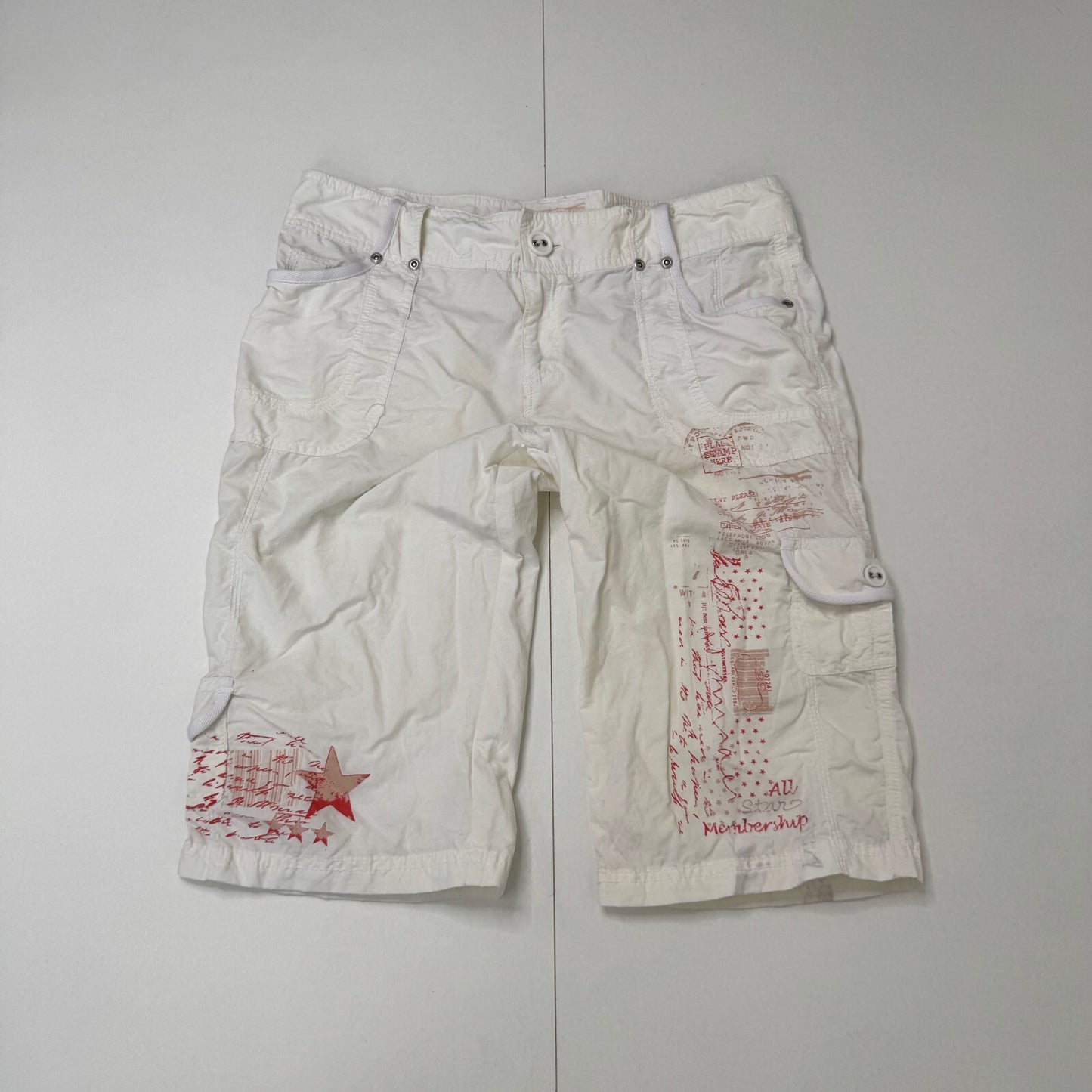 Y2K vintage capri trousers cropped baggy cargo white red graphic star low rise