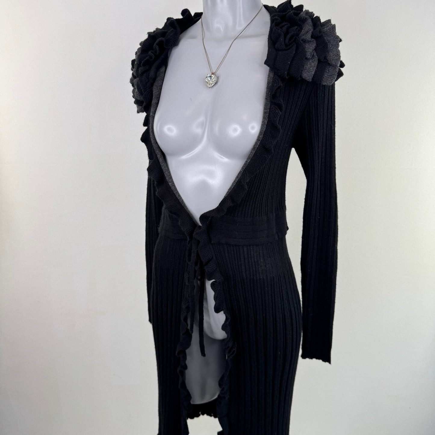 Y2K vintage Per Una cardigan wool blend long knit open bust bow ruffle frill