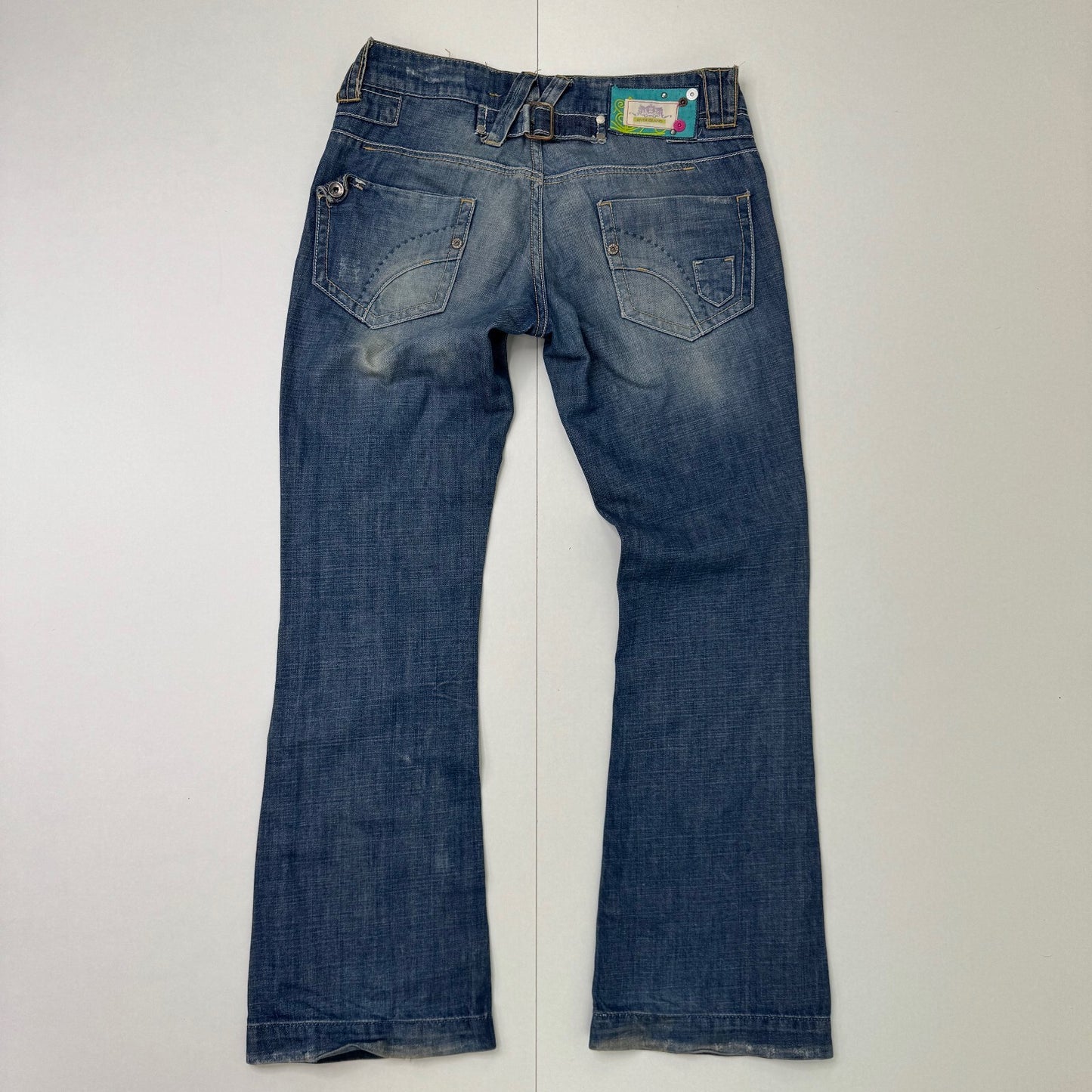 Y2K vintage low rise bootcut jeans faded denim distressed baggy mid blue