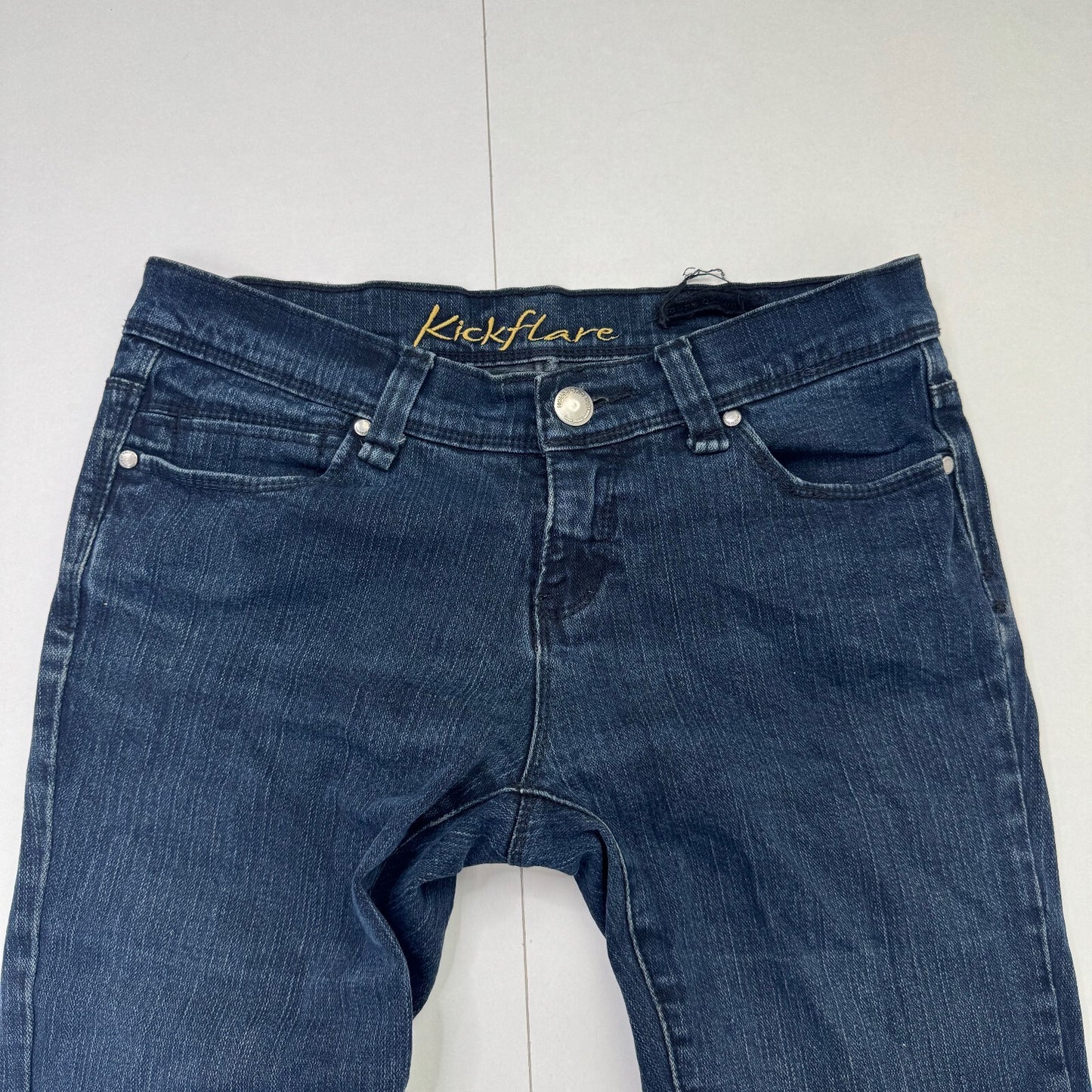 Y2K vintage bootcut denim jeans low rise stretchy dark blue wash flare
