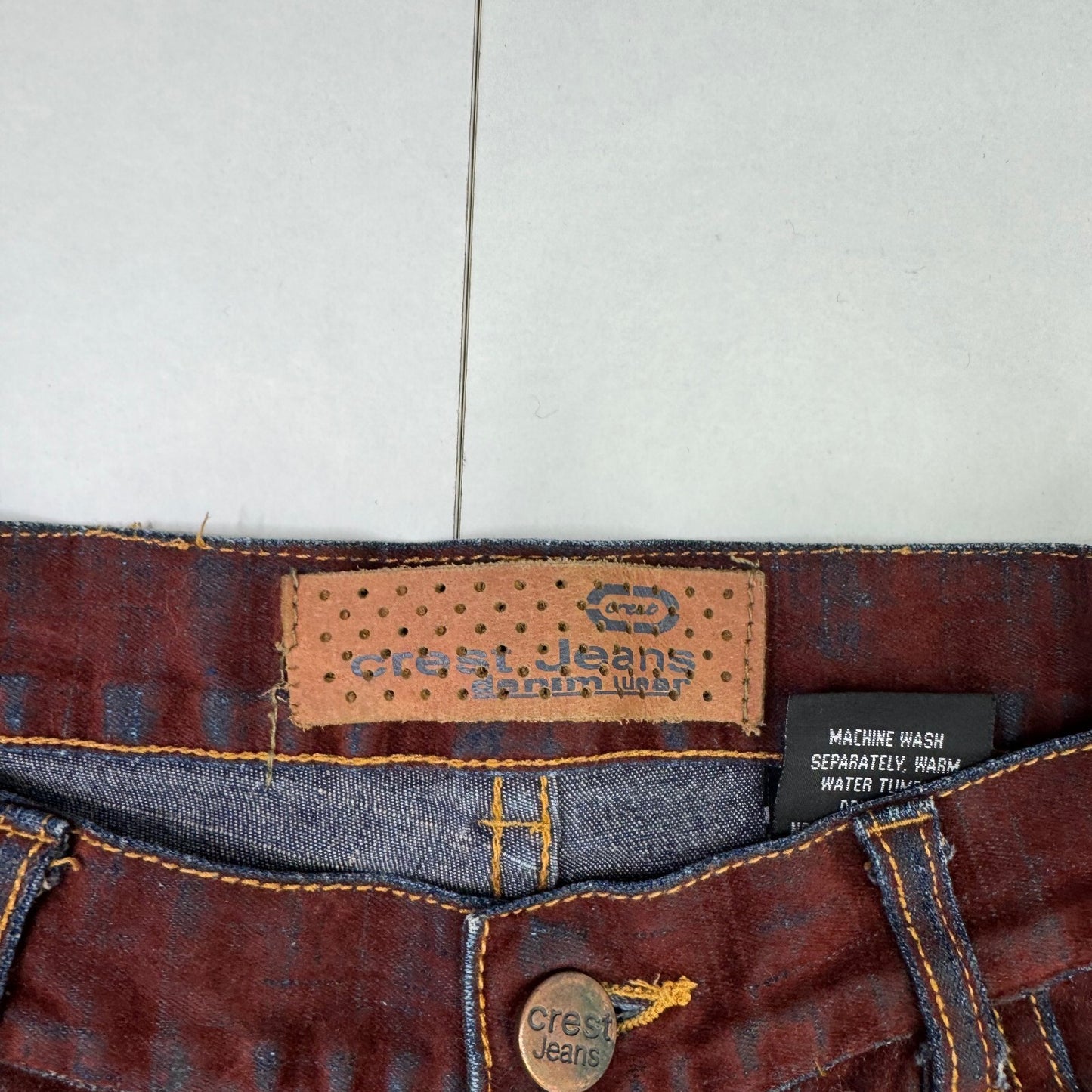 Y2K vintage faux suede jeans denim straight leg blue burgundy contrast stitch