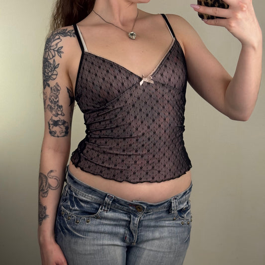 Y2K vintage cami top mesh double lined crop strappy bow lace trim black pink