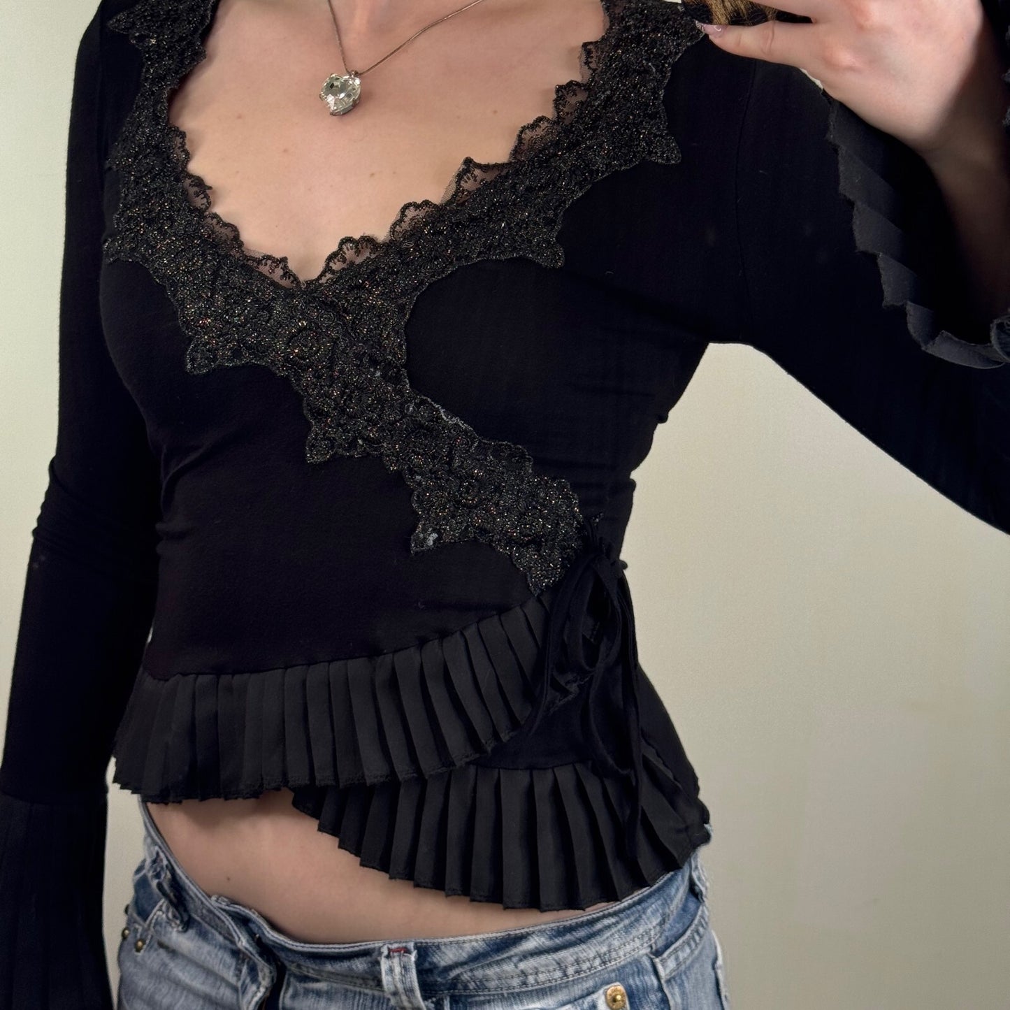 Y2K vintage long sleeve top wrap around flare sleeve pleated lace trim bow