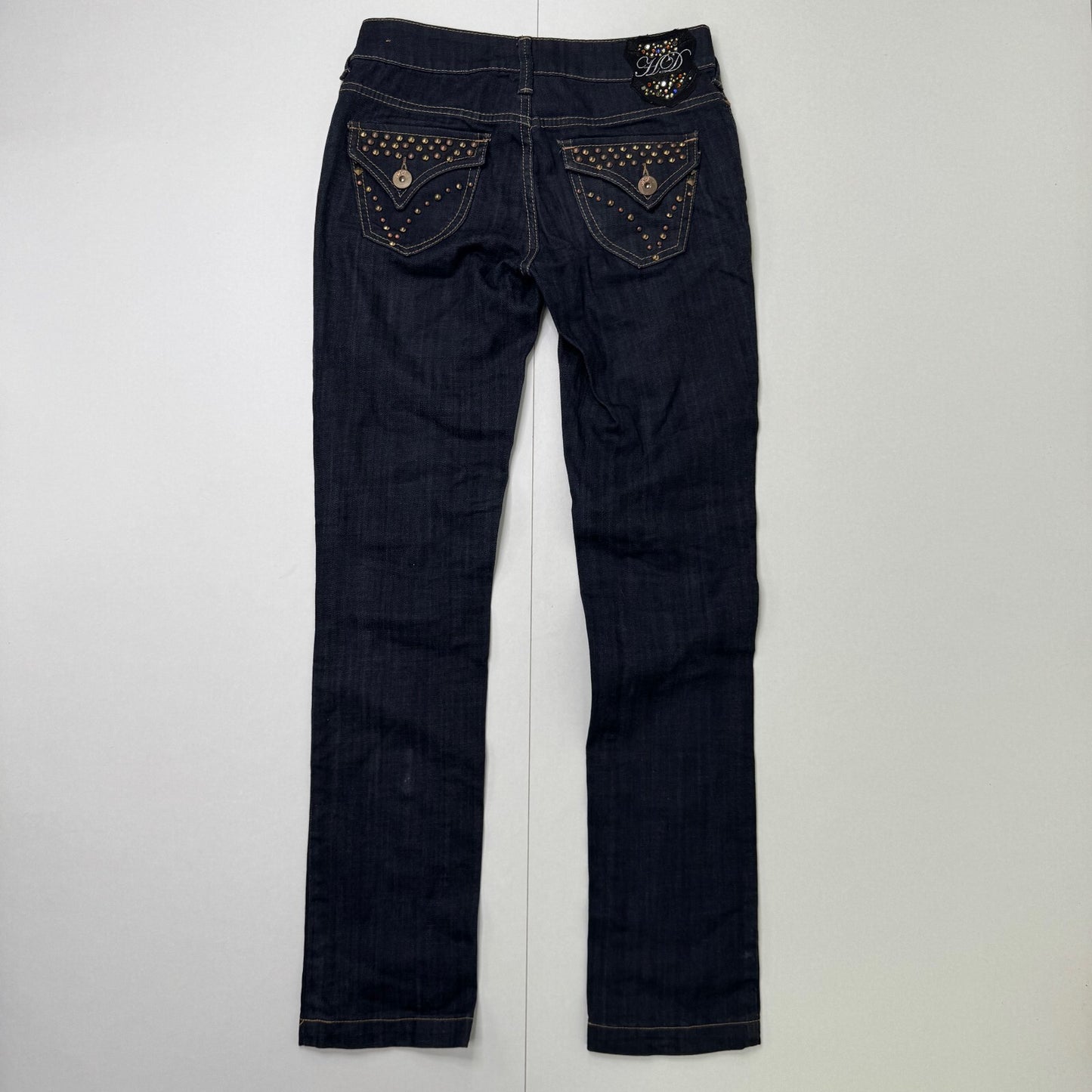 Y2K vintage low rise straight leg jeans dark blue denim wash studded cargo