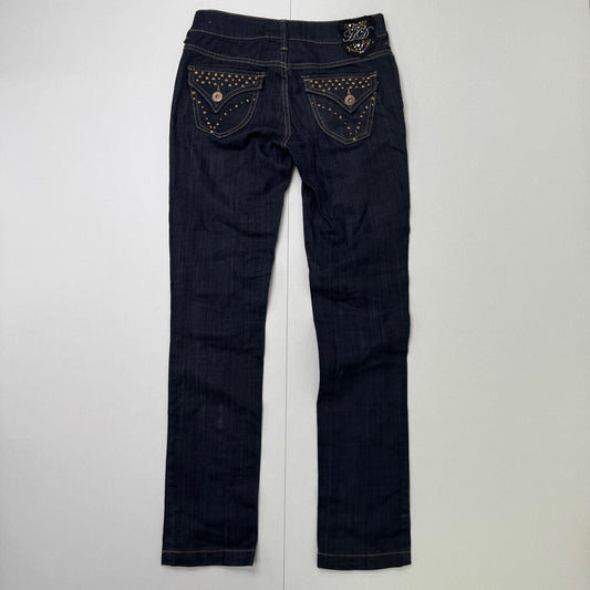 Y2K vintage low rise straight leg jeans dark blue denim wash studded cargo