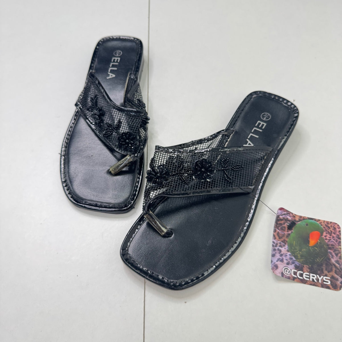 Y2K vintage sandals flip flops beaded mesh floral sequin square toe
